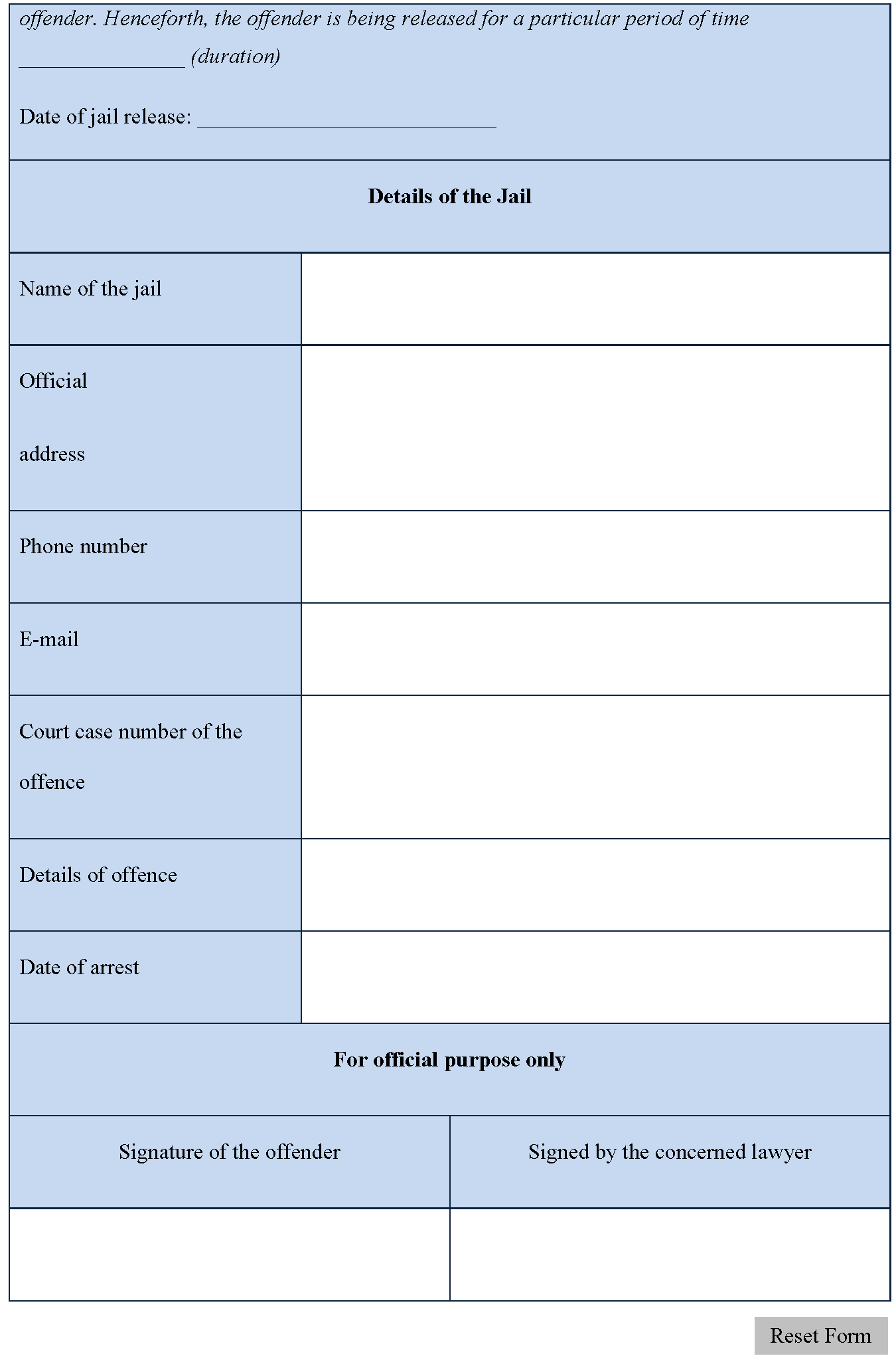 Printable Jail Release Form Template