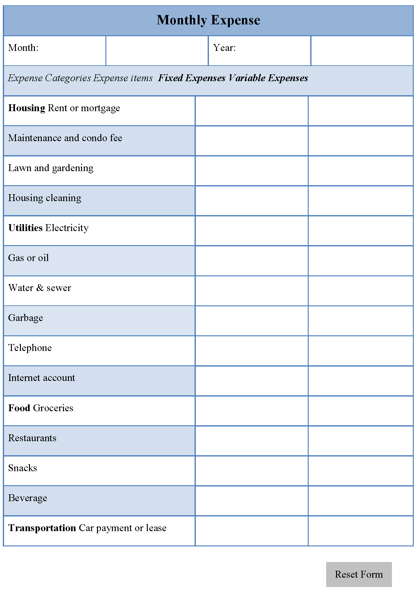 Monthly Expense Form Editable Forms