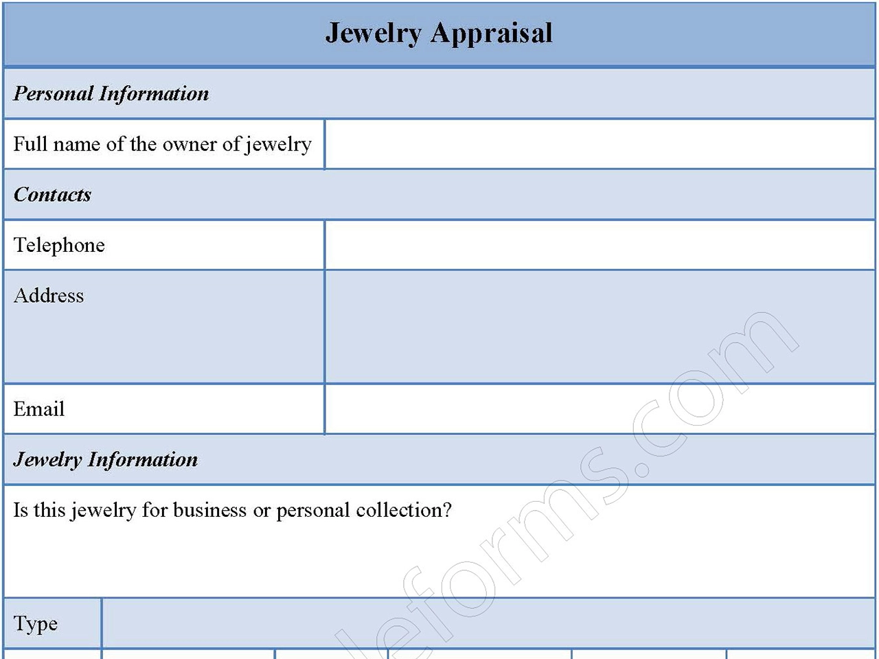 Jewelry Appraisal Fillable PDF Form Editable PDF Forms