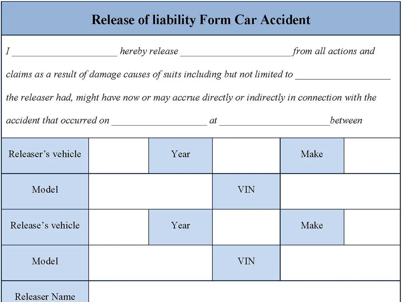 Release Of Liability Form Car Accident Fillable Pdf Form