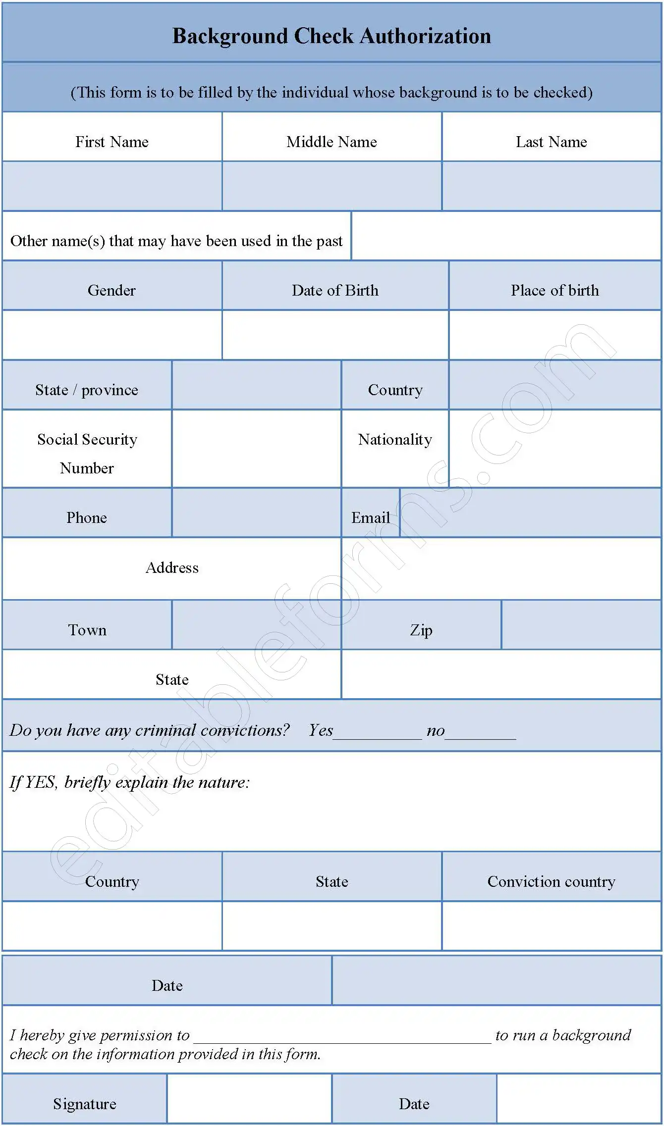 Background Check Authorization Fillable PDF Form