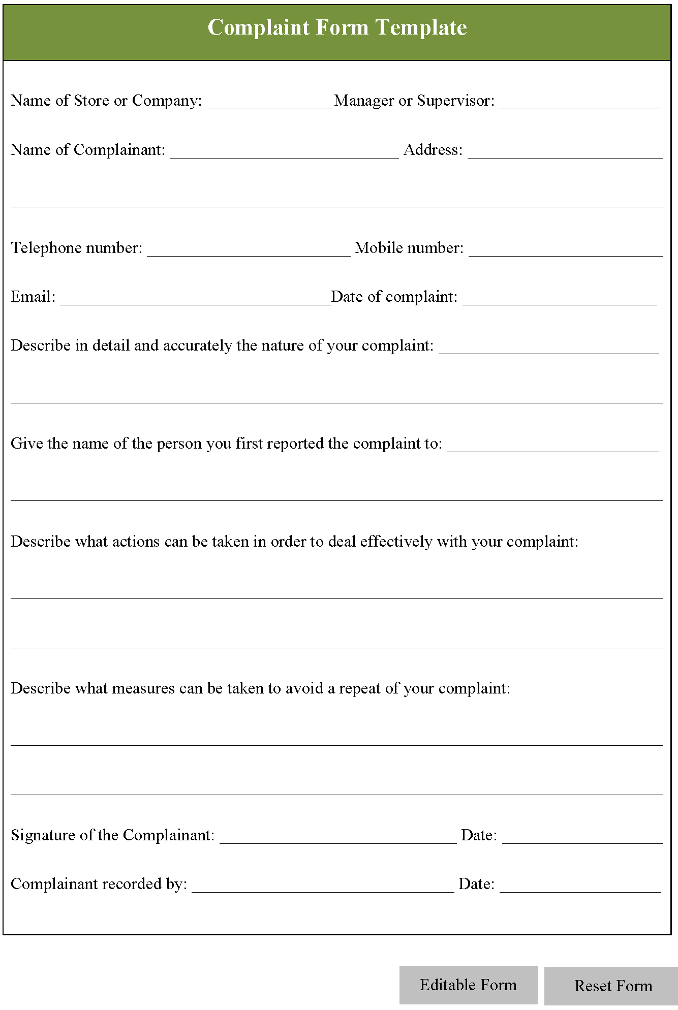 Complaint Form Template Editable PDF Forms