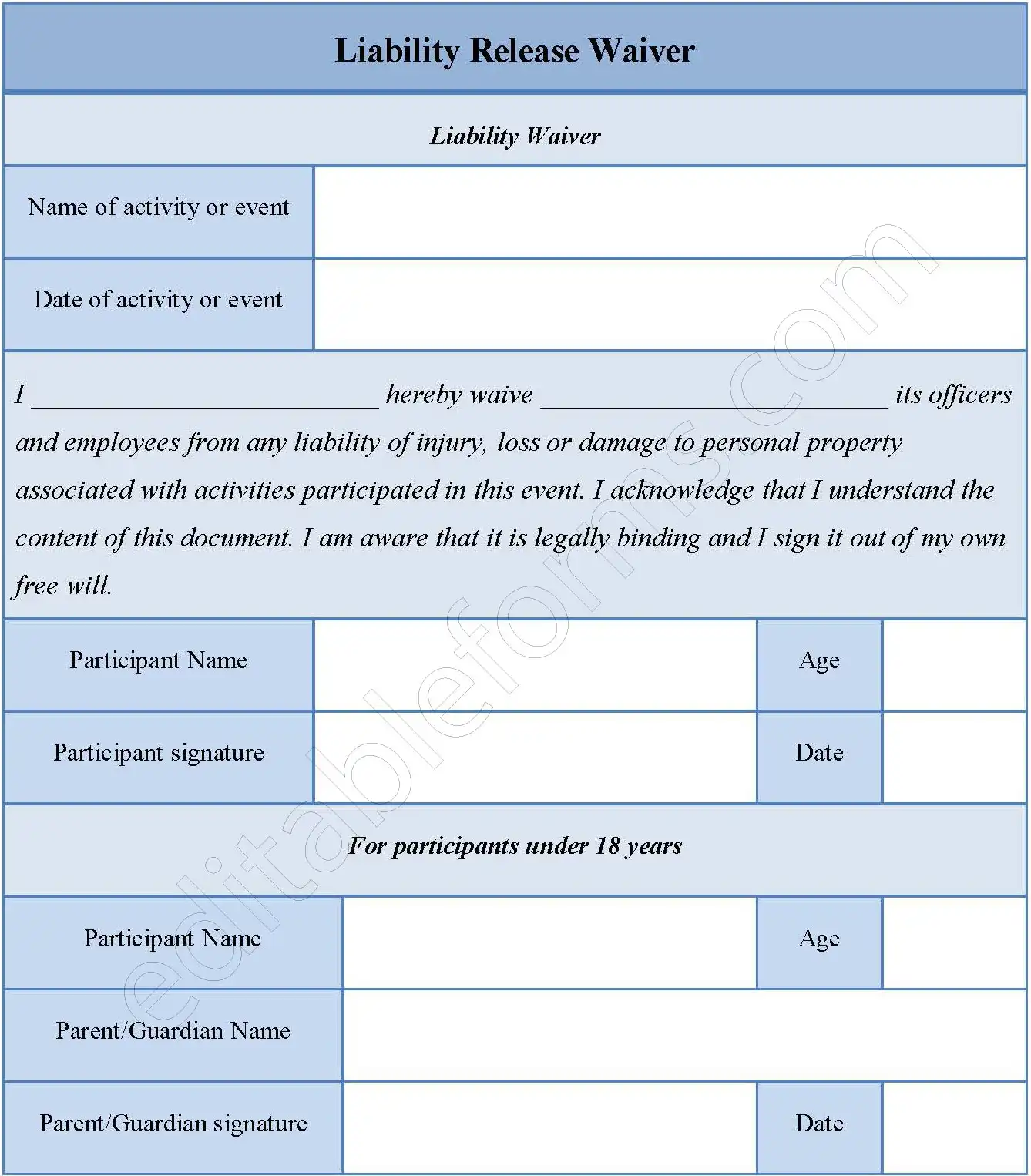 Liability Waiver Fillable PDF Form