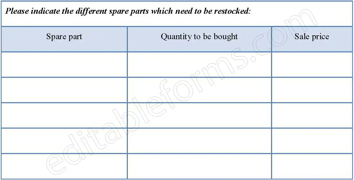 Spare Parts Inventory Fillable PDF Template