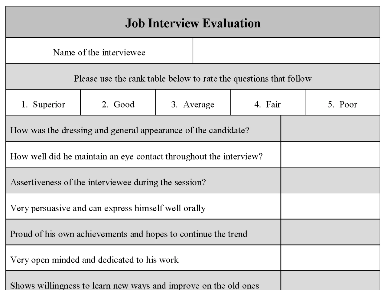 Job Interview Evaluation Form