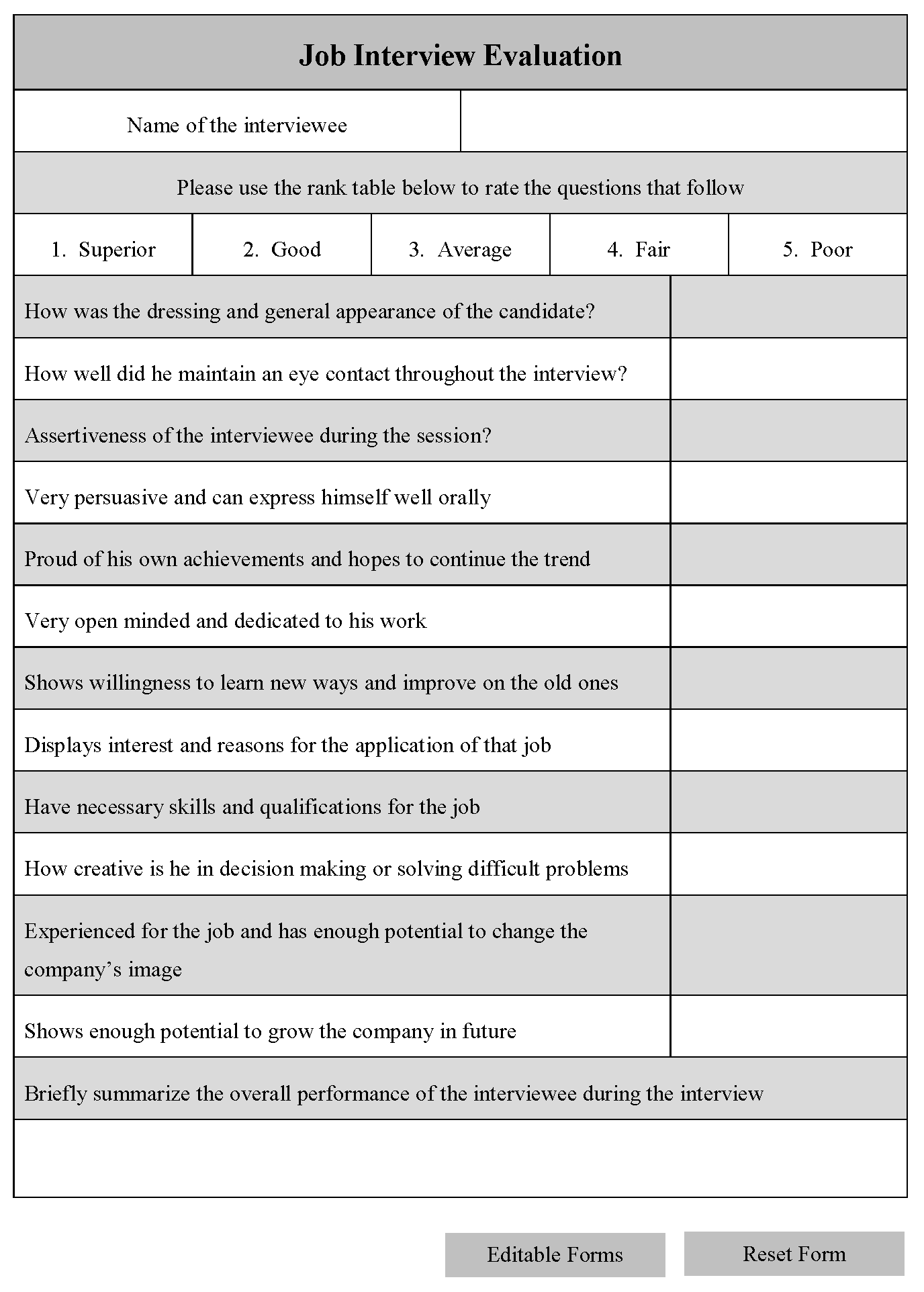 Job Interview Evaluation Form Editable PDF Forms