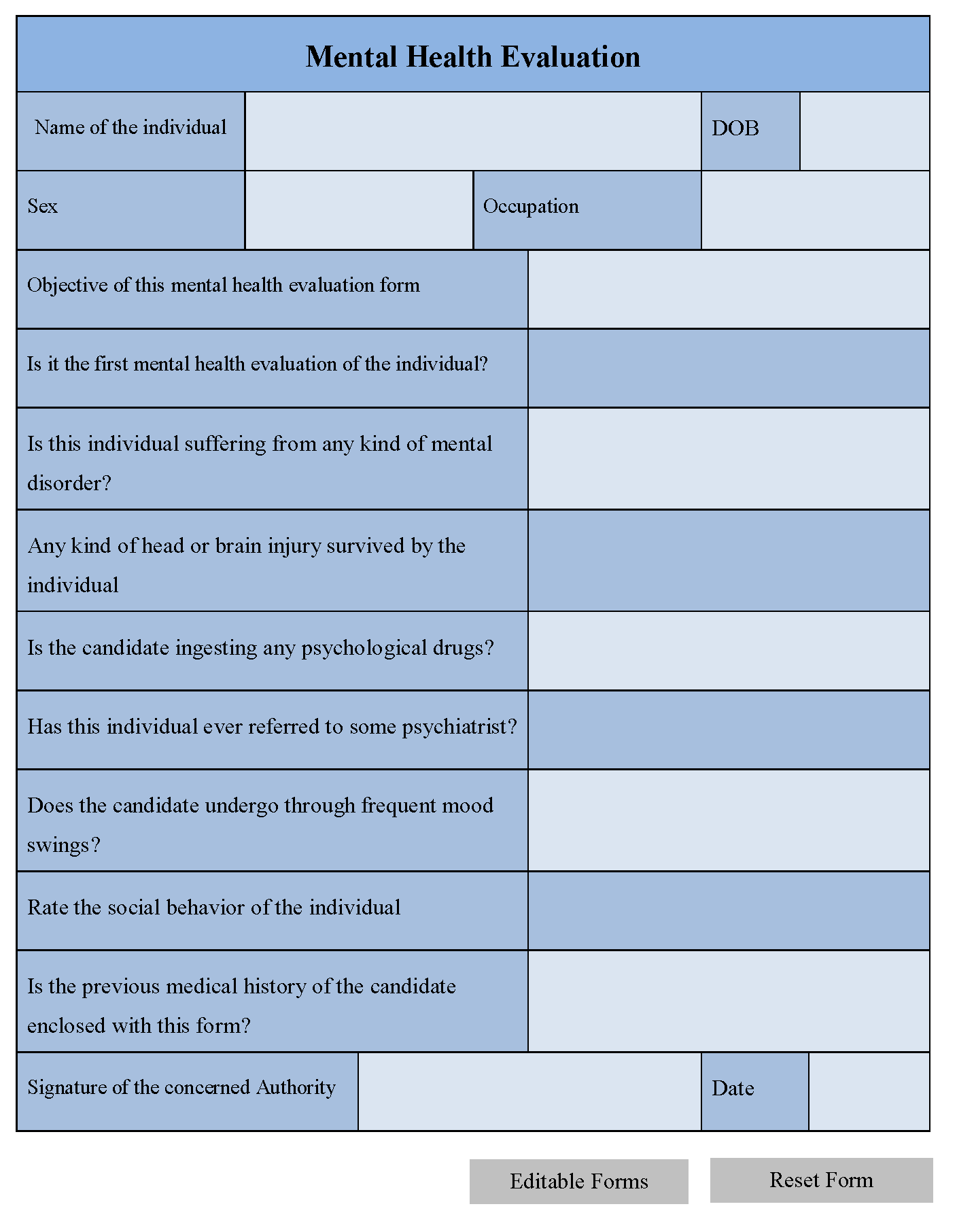 Mental Health Evaluation Form Editable PDF Forms