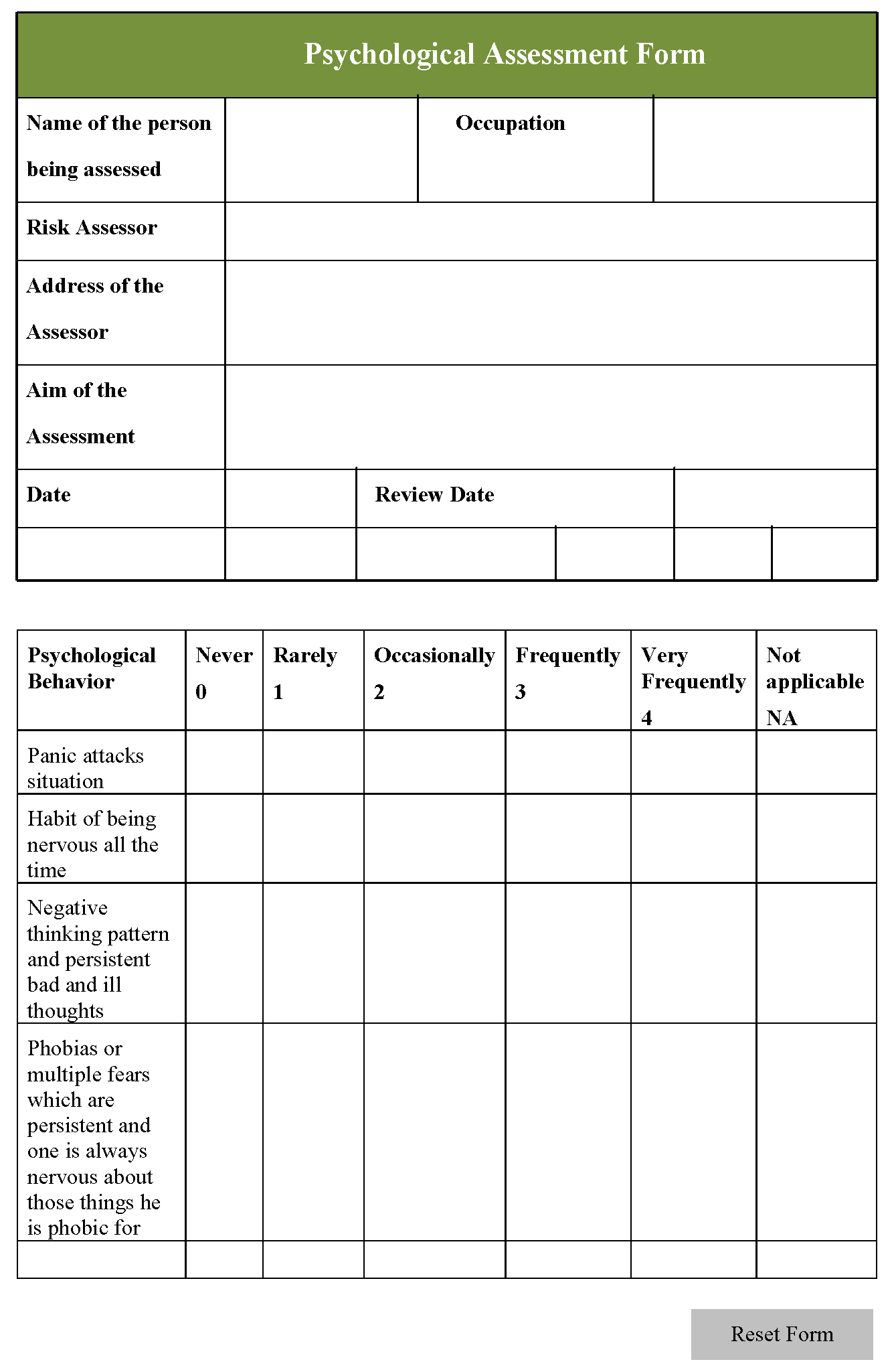 Psychological Assessment Form Editable PDF Forms