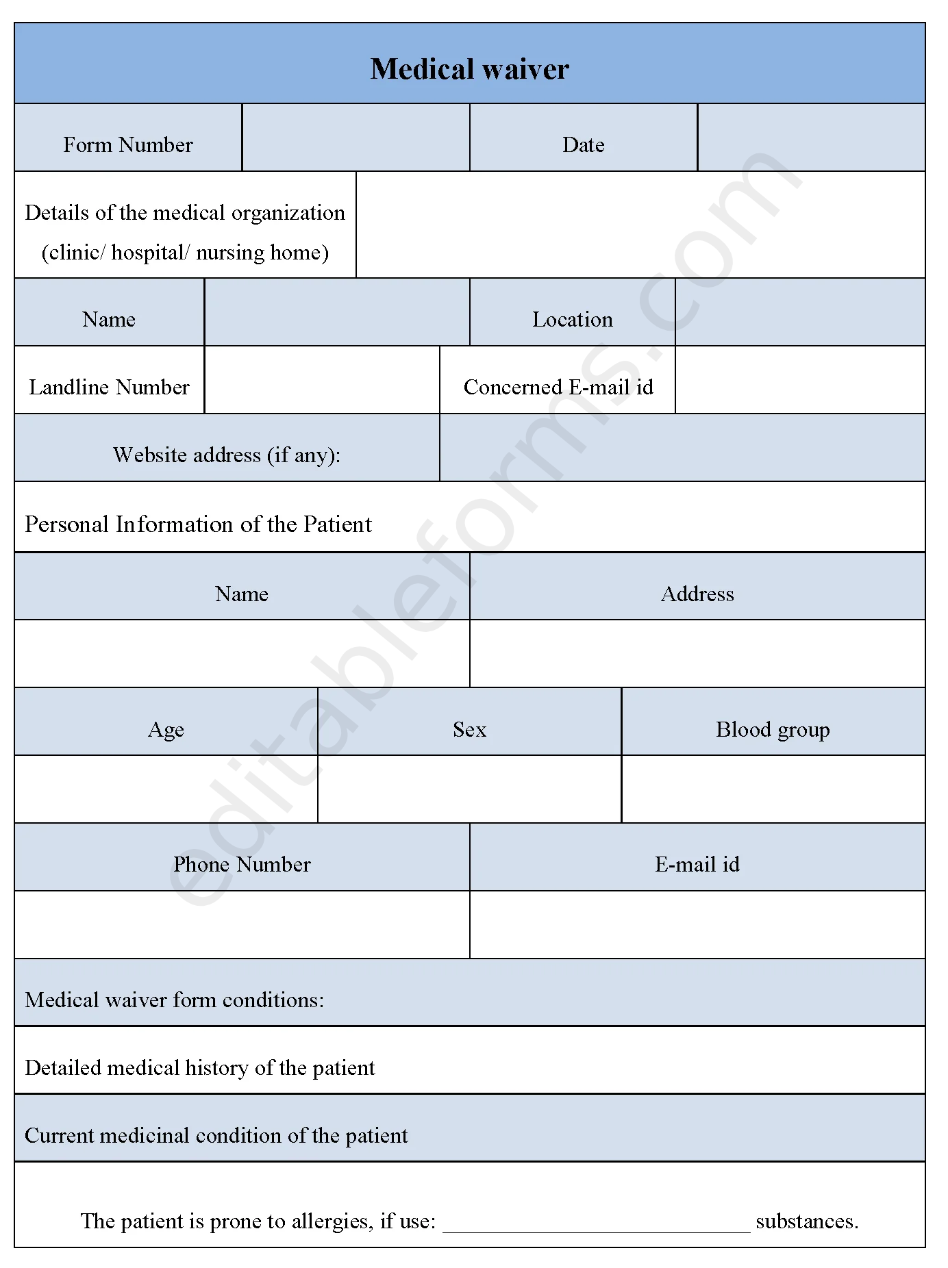 Medical Waiver Fillable PDF Template