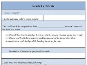 Resale Certificate Form