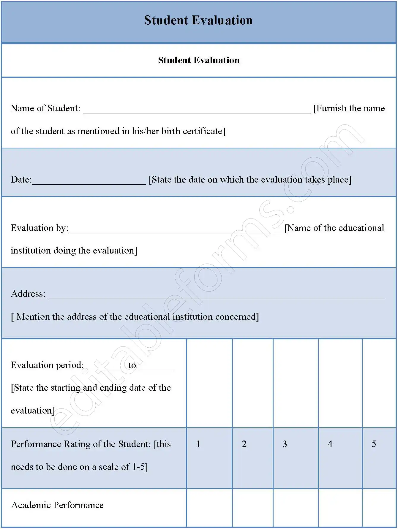 Student Evaluation Template Fillable PDF Form