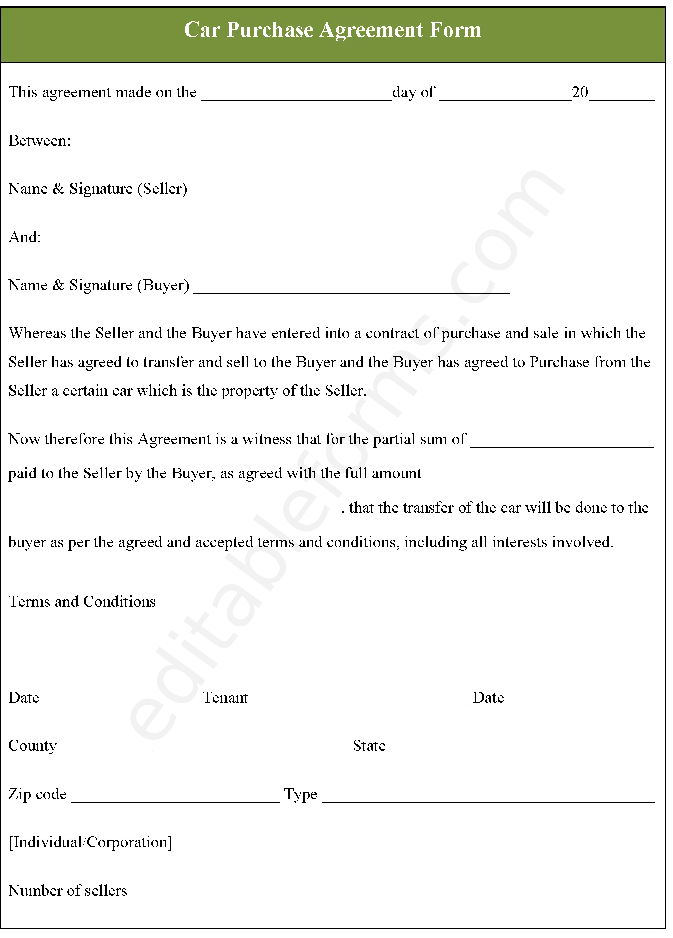 Car Purchase Agreement Fillable PDF Template