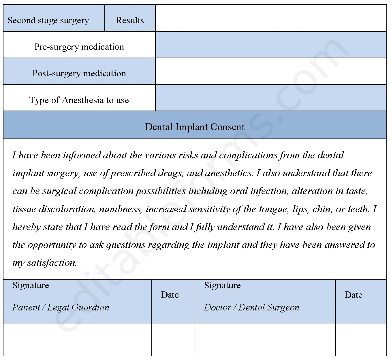Dental Implant Consent Fillable PDF Template