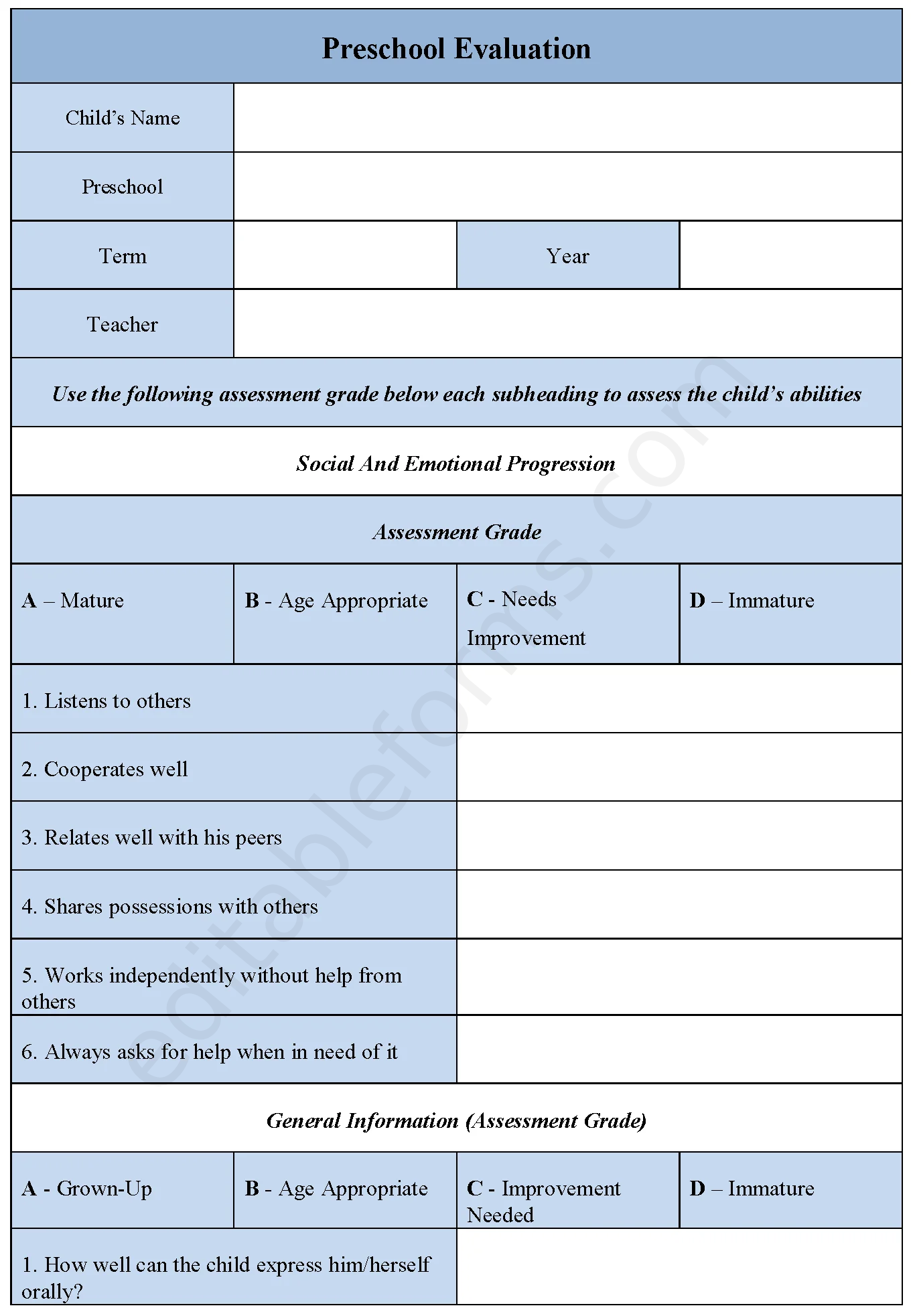 Preschool Evaluation Fillable PDF Template