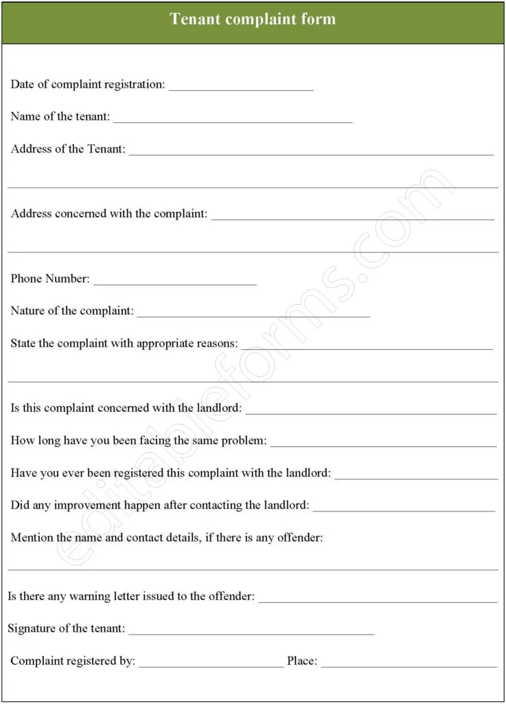 Tenant Complaint Fillable PDF Template