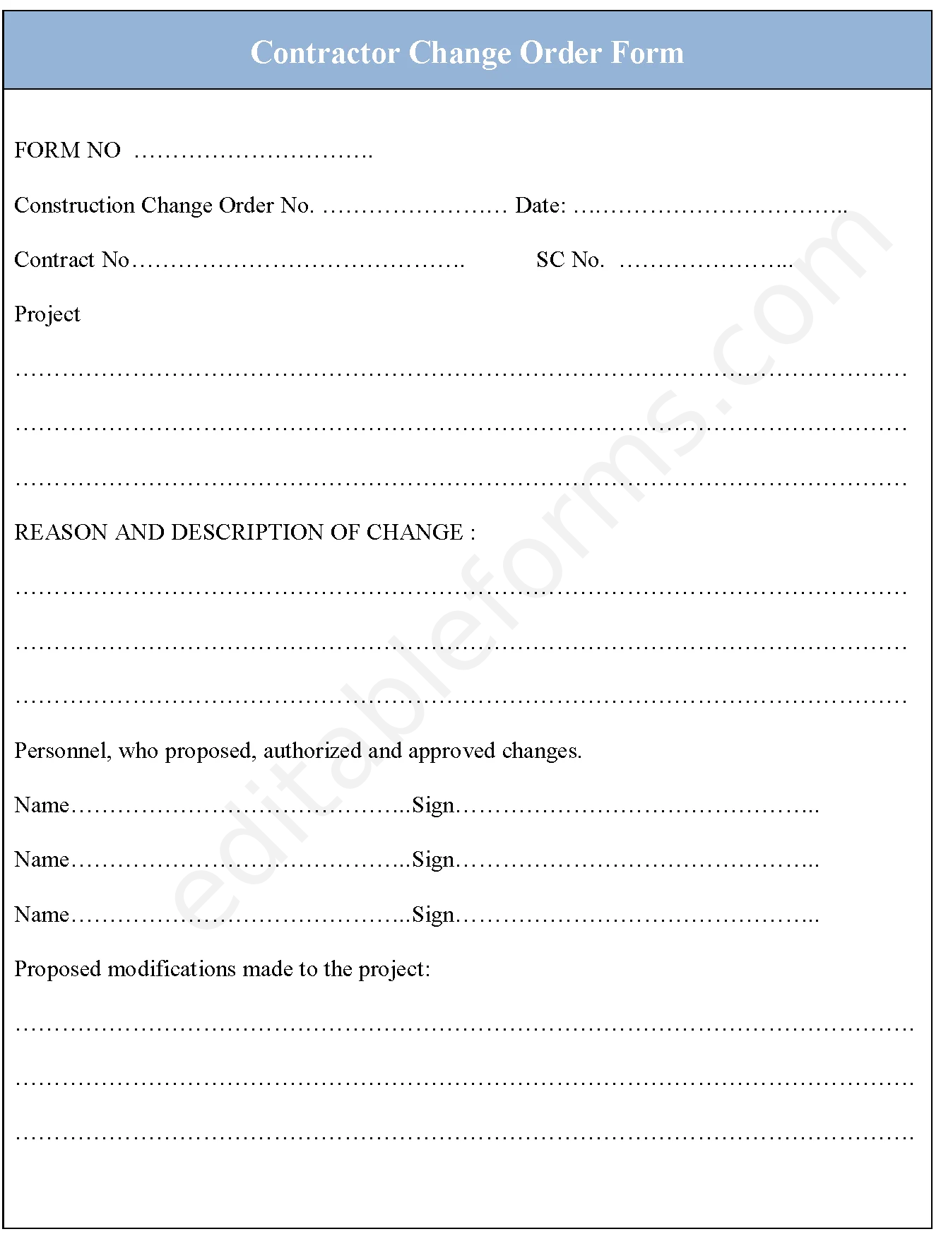 Contractor Change Order Fillable PDF template