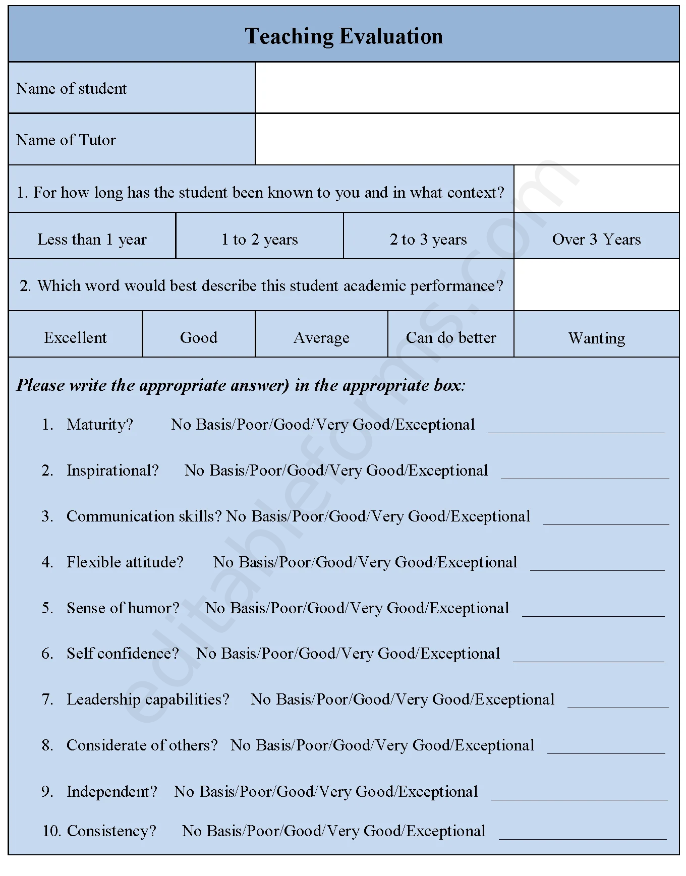 Teaching Evaluation Fillable PDF Template