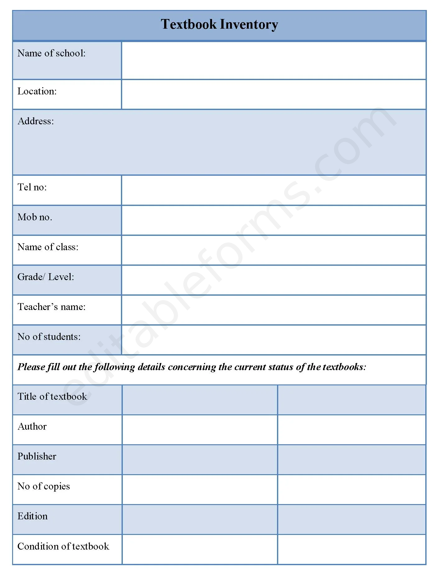 Textbook Inventory Fillable PDF Template