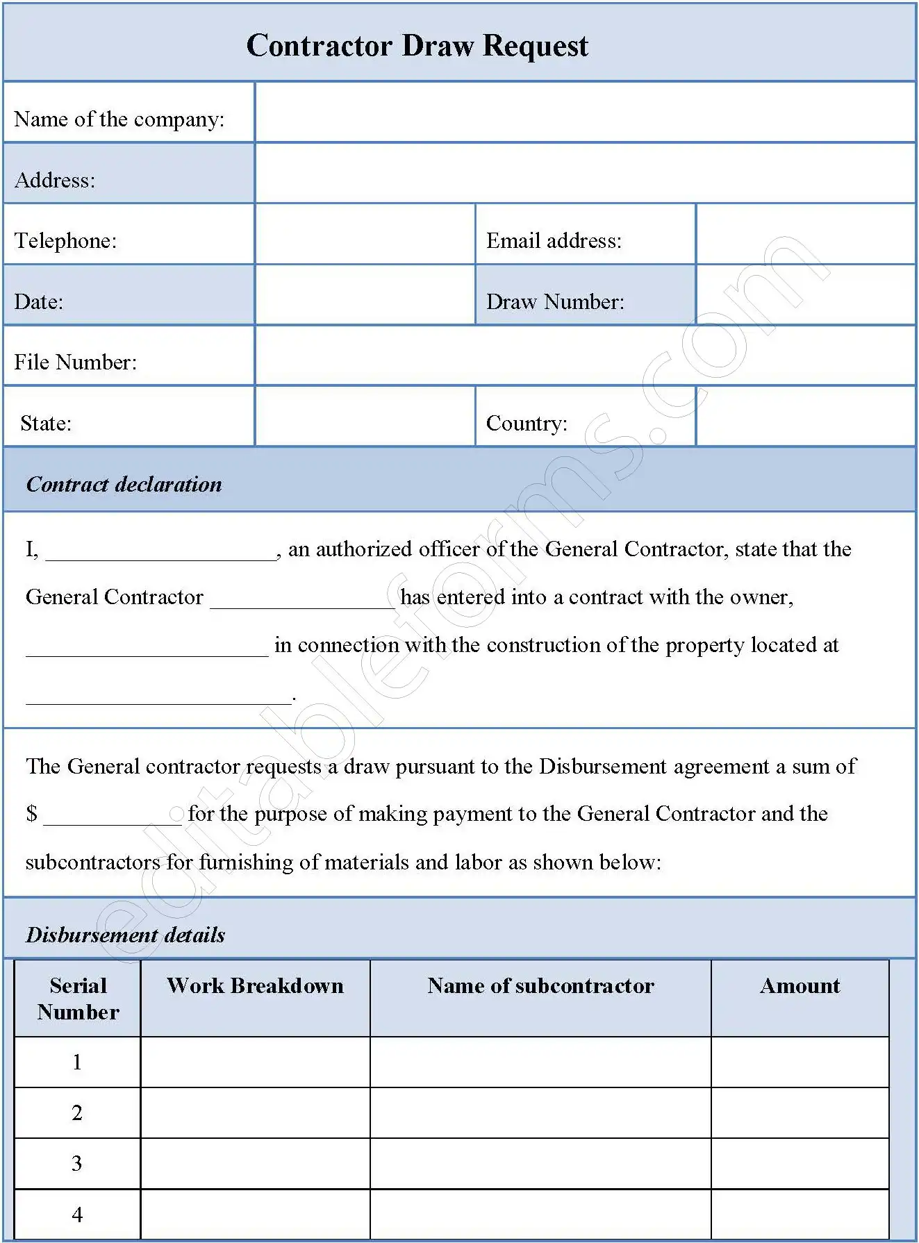 Contractor Draw Request Fillable PDF Template