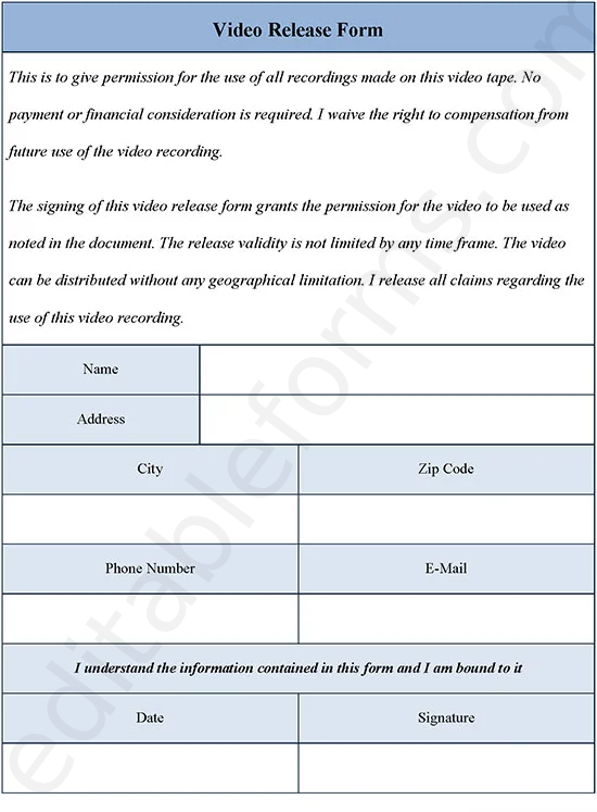 Video Release Fillable PDF Template