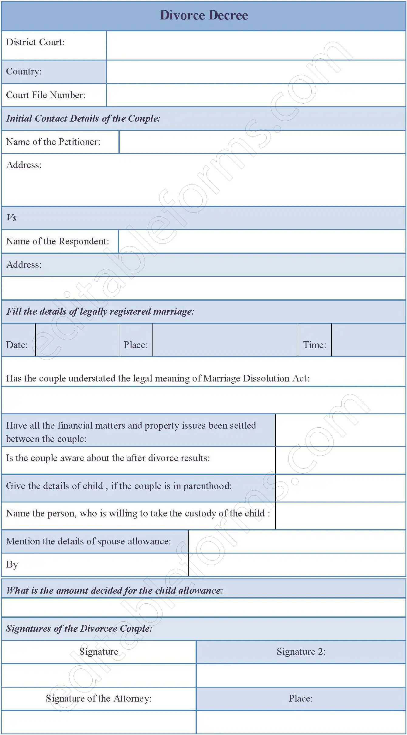 Divorce Decree Fillable PDF Template