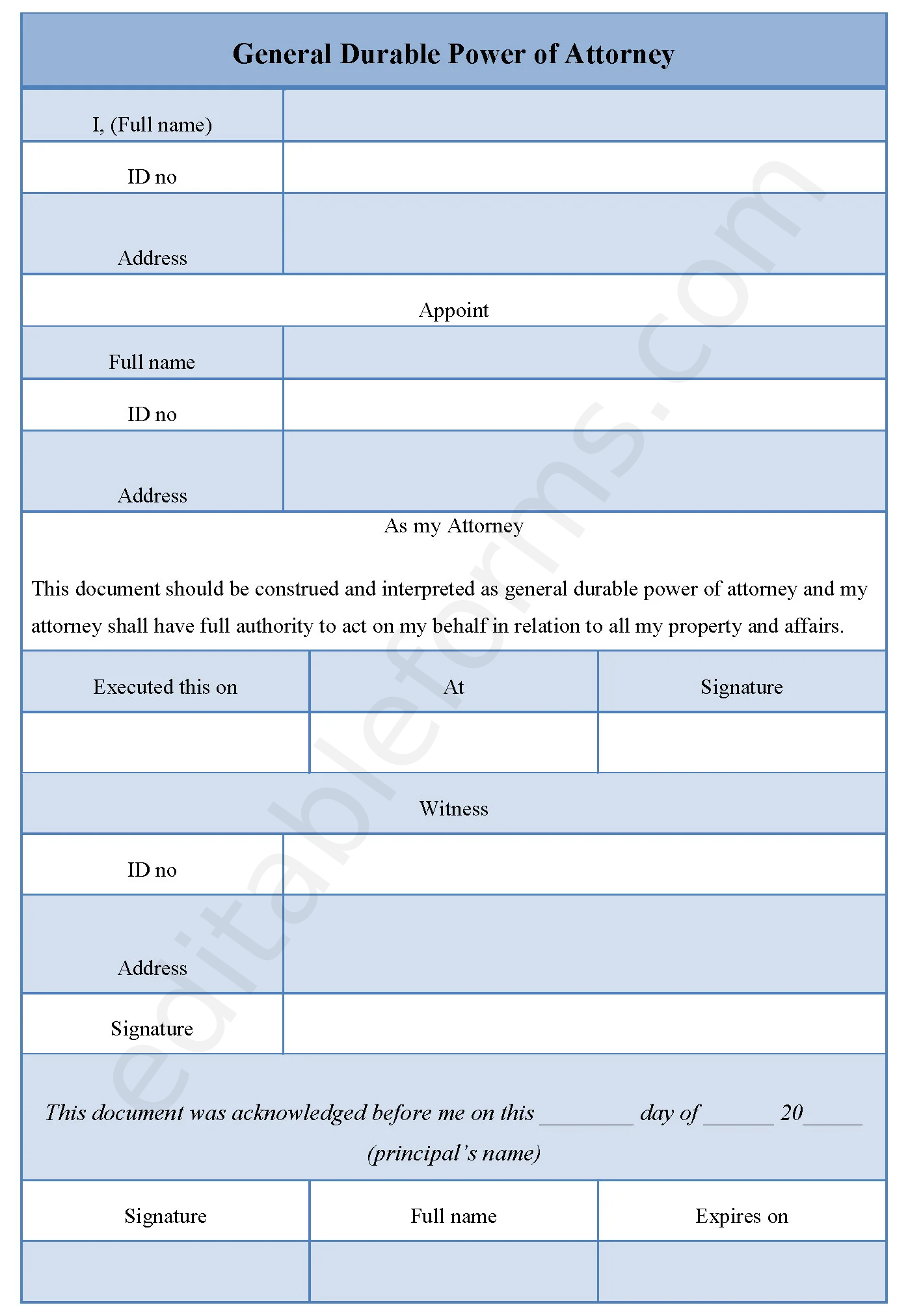 General Durable Power Of Attorney Fillable PDF Template