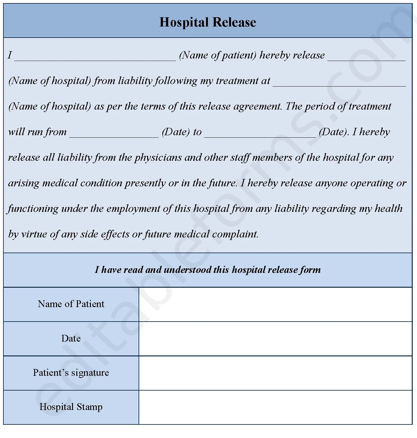 Hospital Release Fillable PDF template