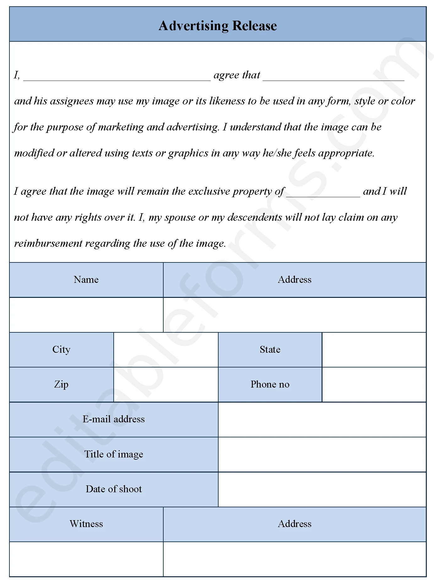 Advertising Release Fillable PDF Template