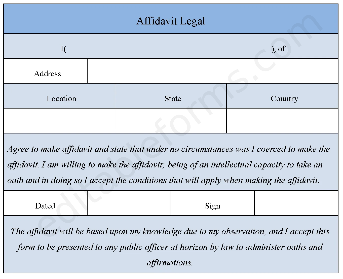 Affidavit Legal Fillable PDF Template