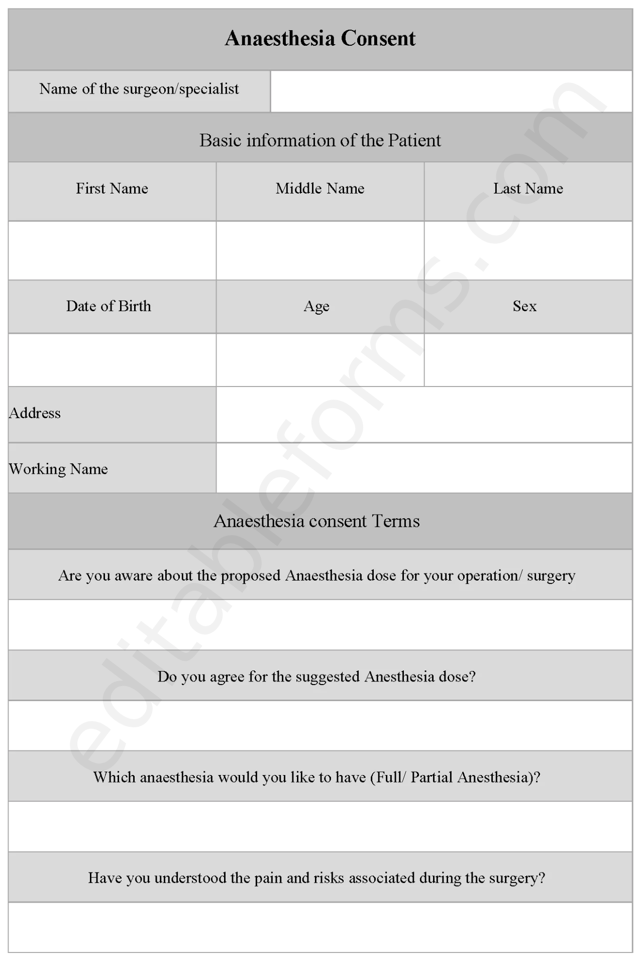 Anaesthesia consent form | Editable PDF Forms