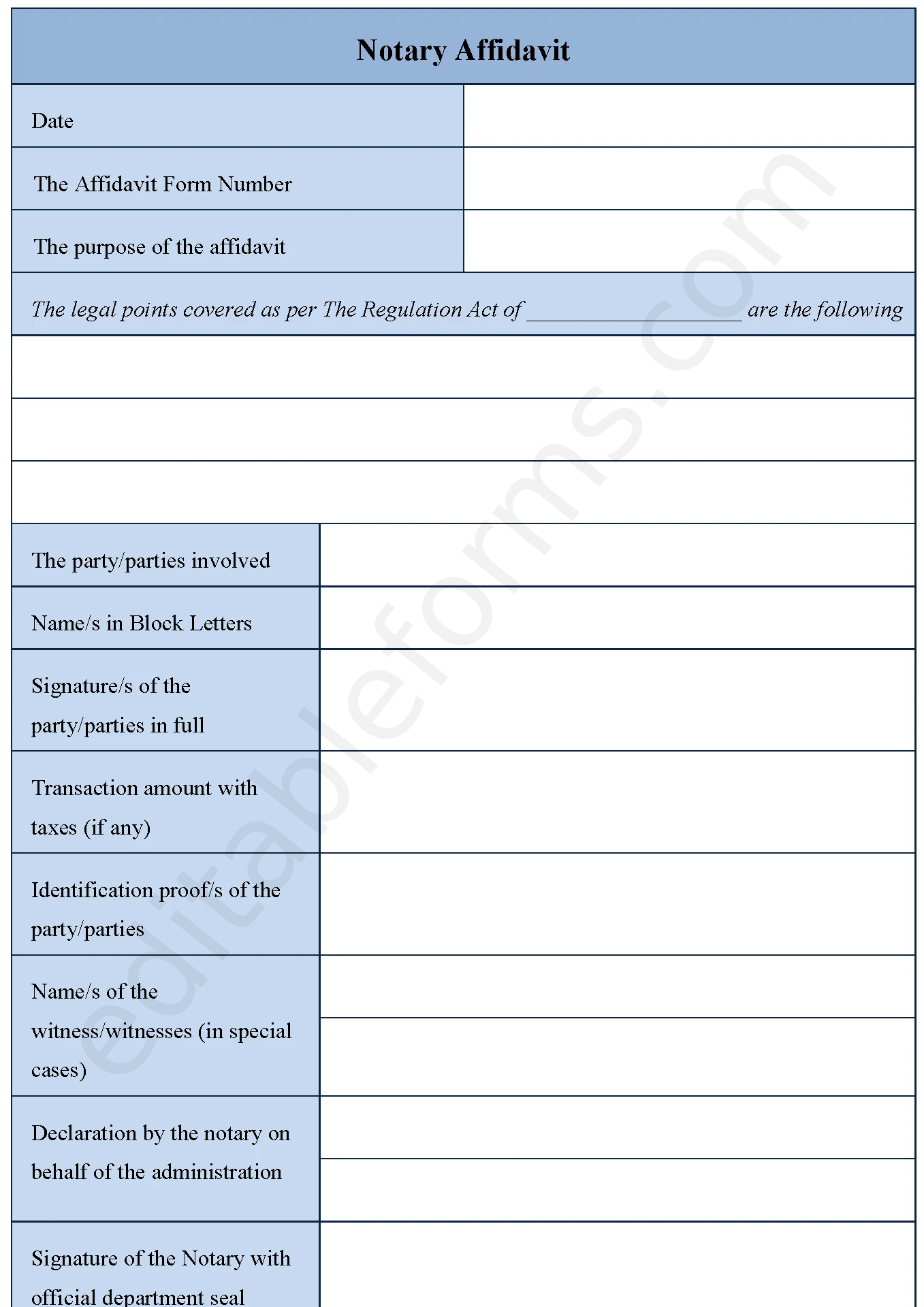 Notary Affidavit Fillable PDF Template