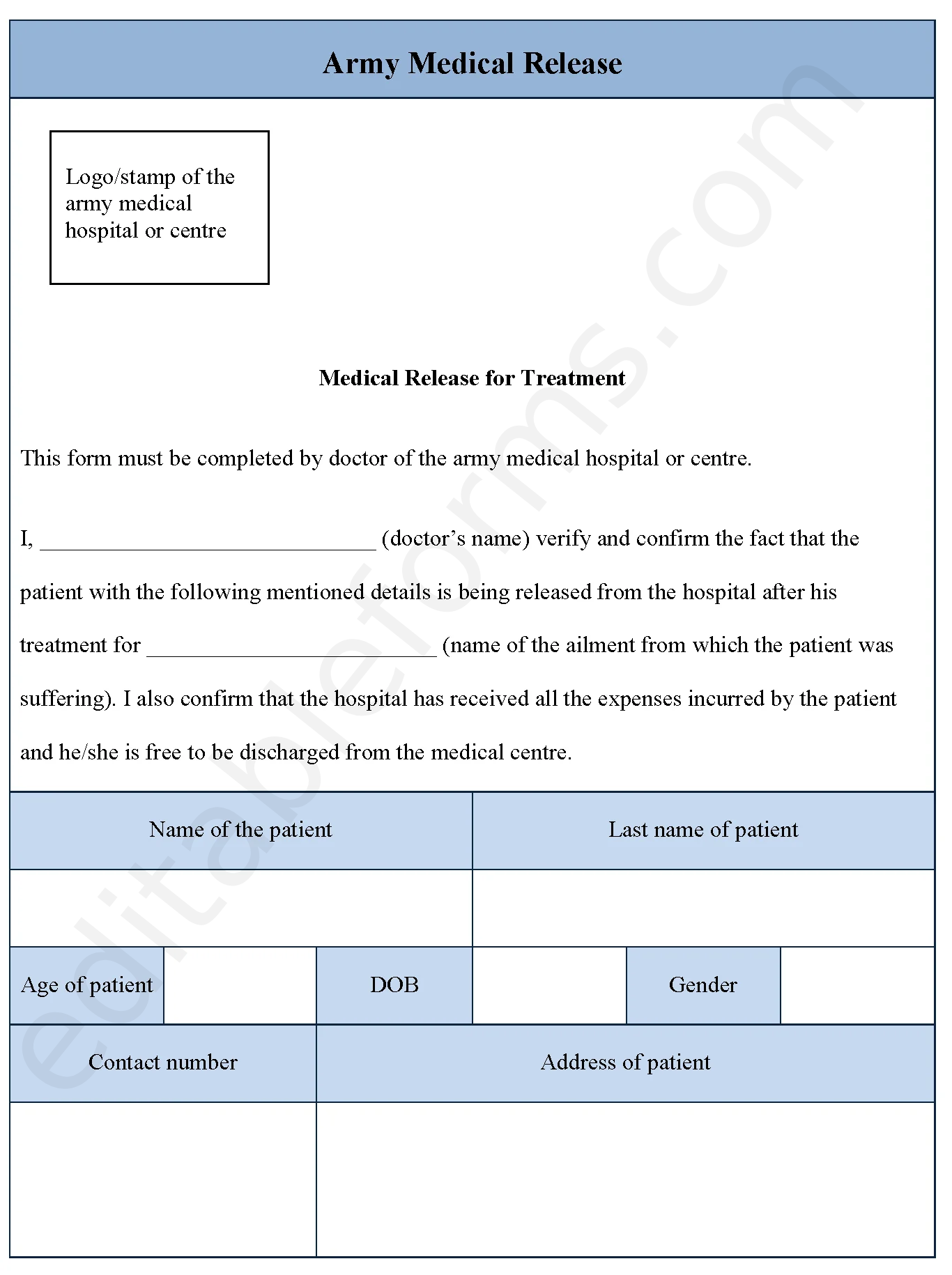 Army Medical Release Fillable PDF Template