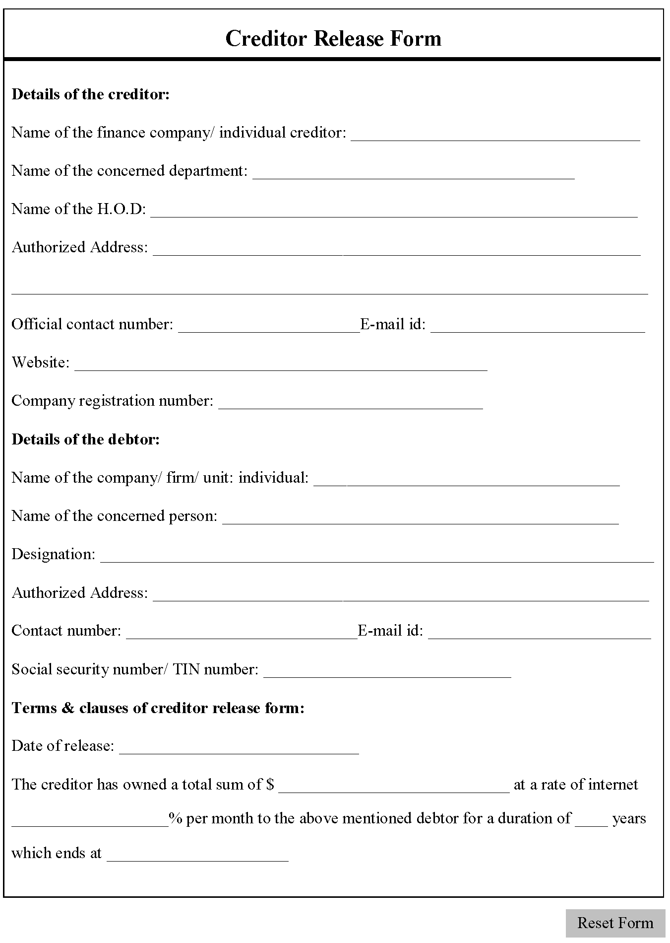 Creditor Release Form Editable Pdf Forms 1849