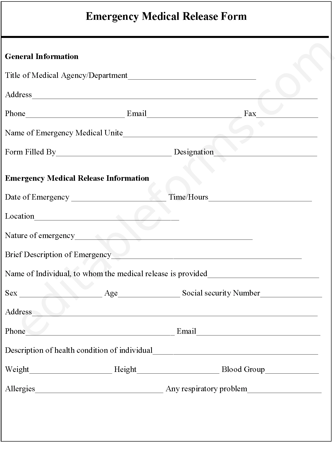 Emergency Medical Release Fillable PDF Template
