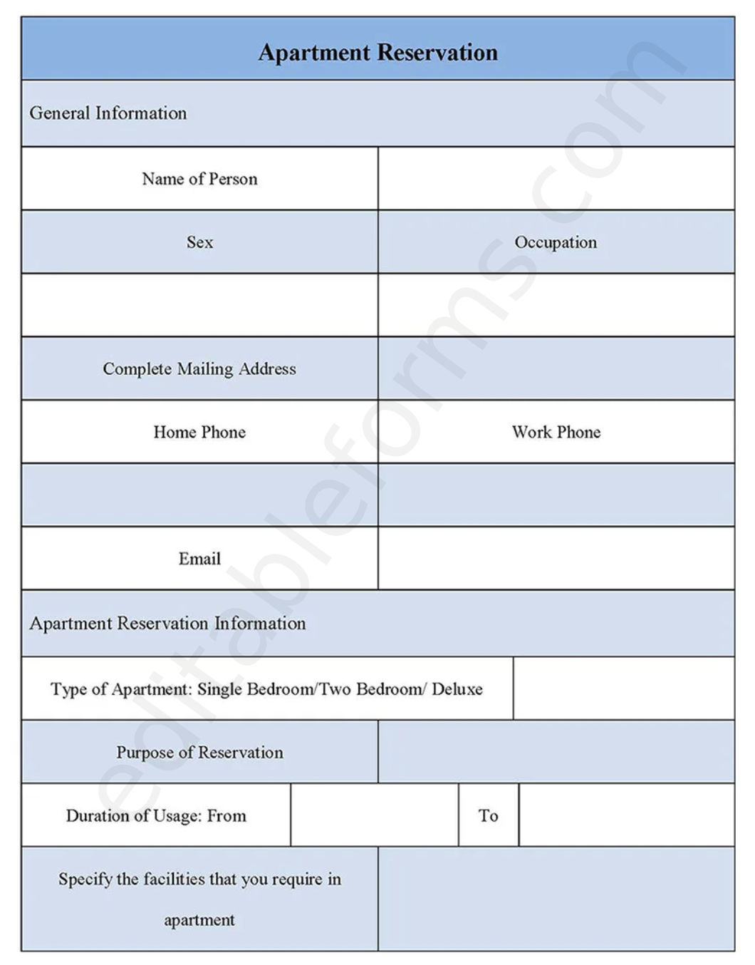 Apartment Reservation Fillable PDF Template