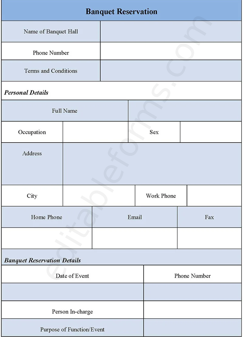 Banquet Reservation Fillable PDF Template