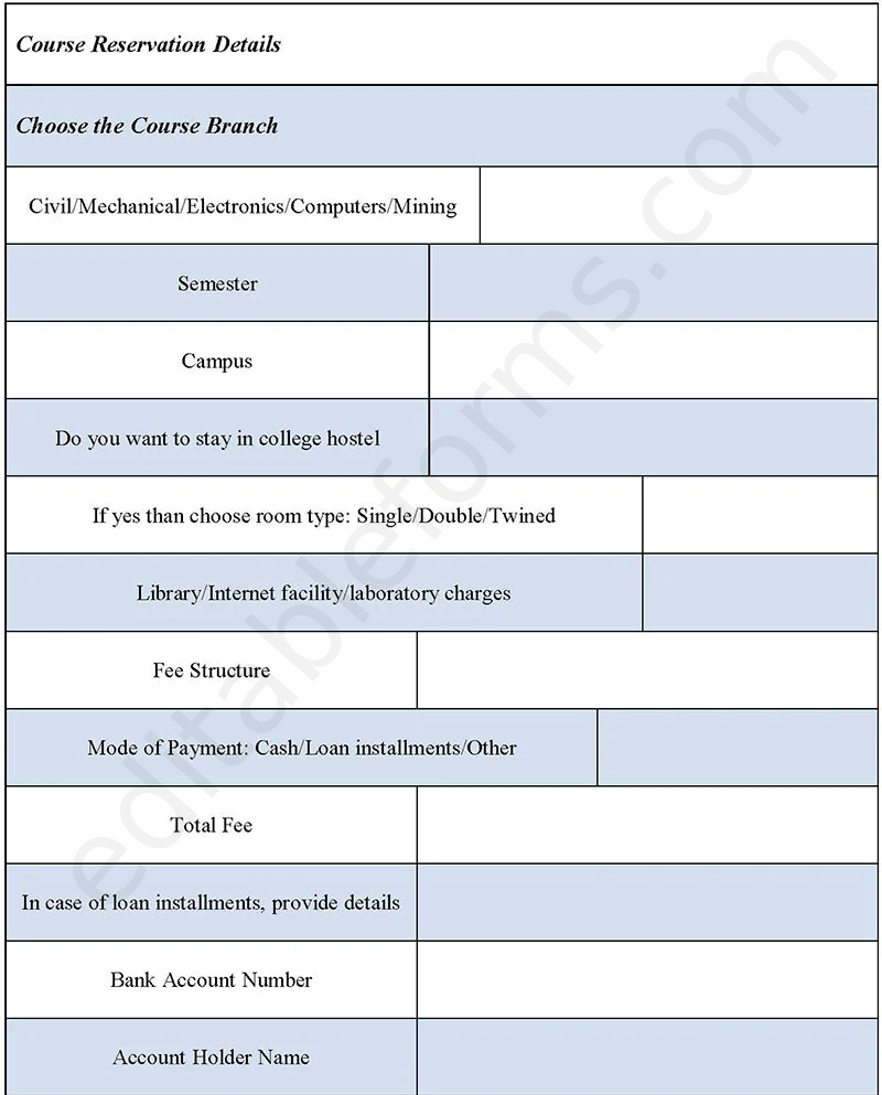 Engineering Course Reservation Fillable PDF Template