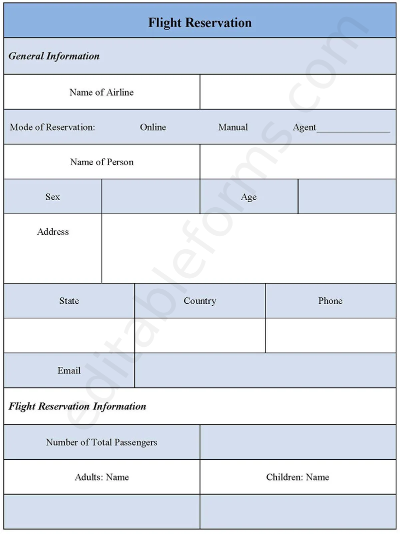 Flight Reservation Fillable PDF Template