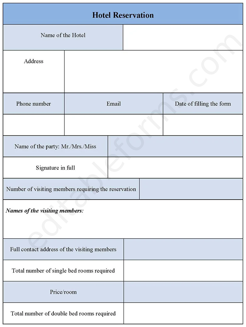 Hotel Reservation Fillable PDF Template