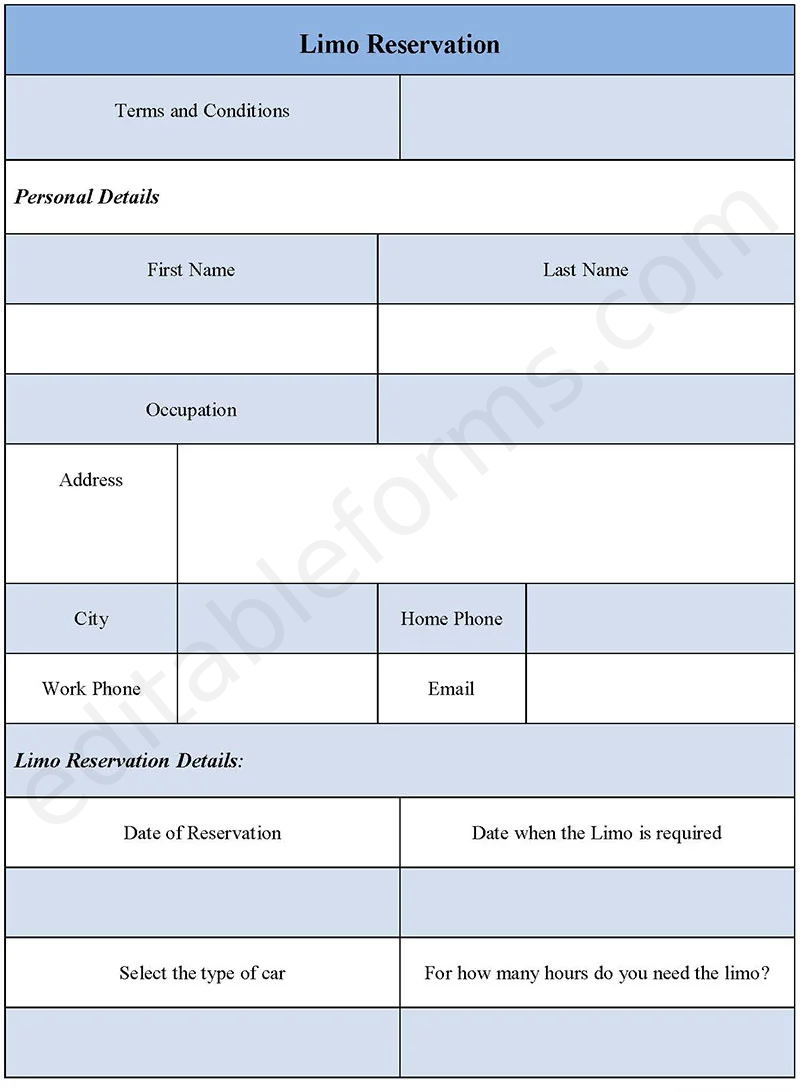Limo Reservation Fillable PDF Template