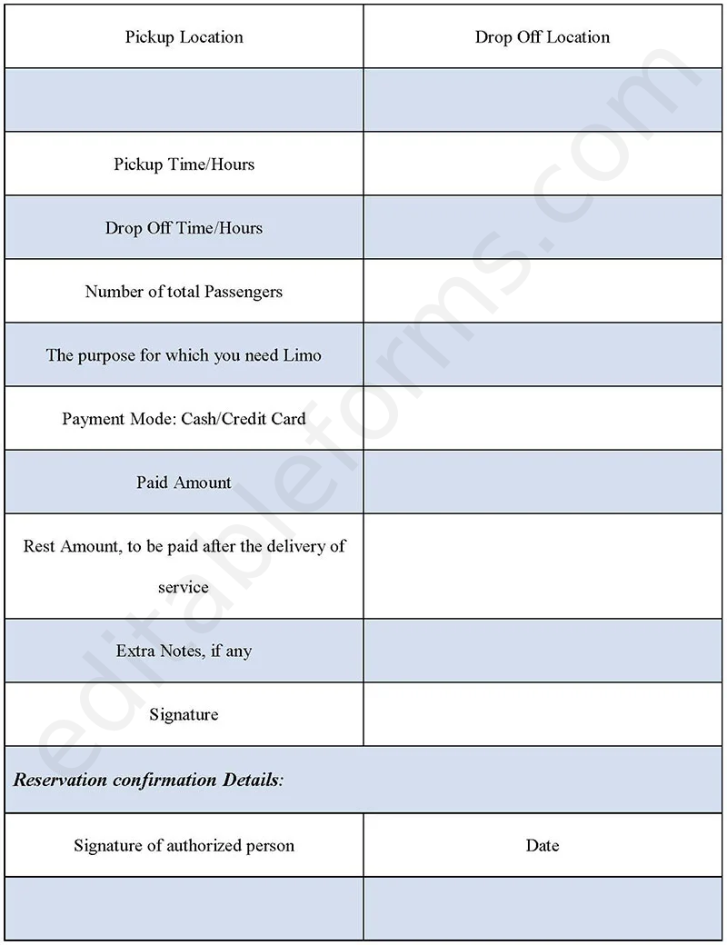 Limo Reservation Fillable PDF Template