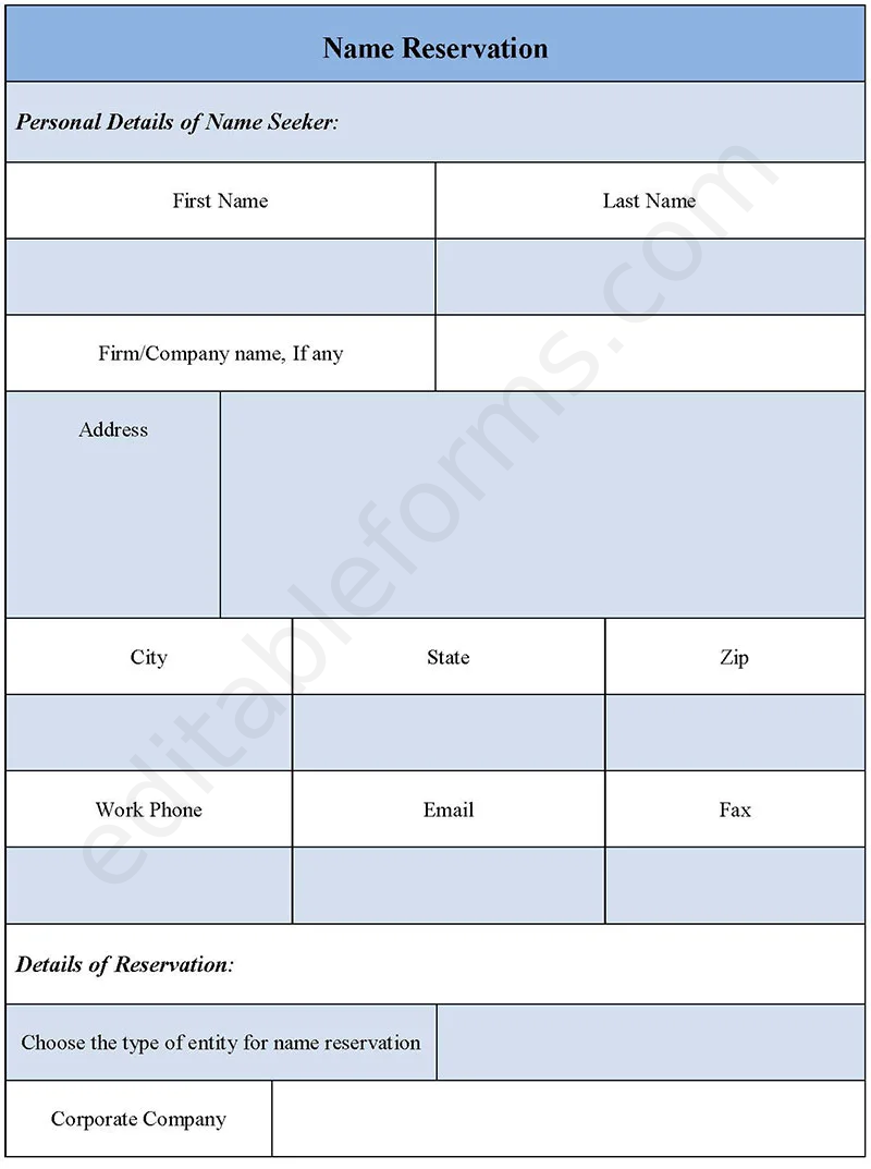 Name Reservation Fillable PDF Template