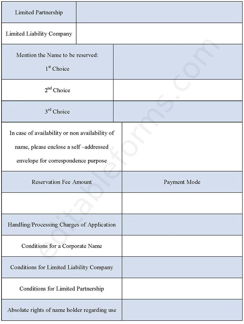 Name Reservation Fillable PDF Template