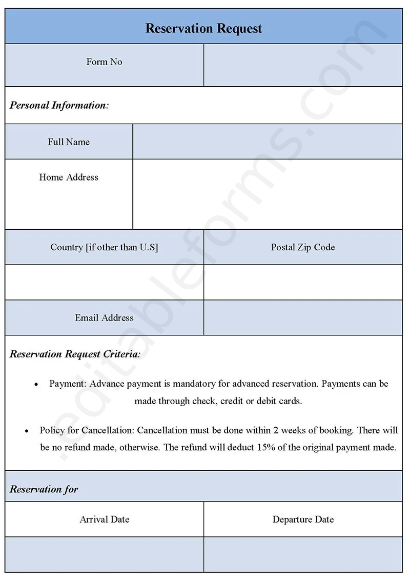 Reservation Request Fillable PDF Template
