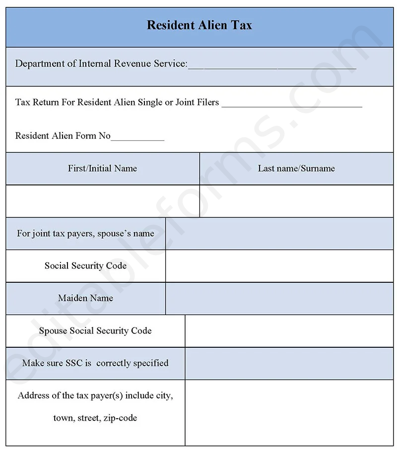 Resident Alien Tax Fillable PDF Template