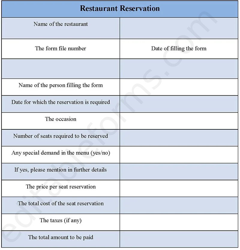 Restaurant Reservation Fillable PDF Template