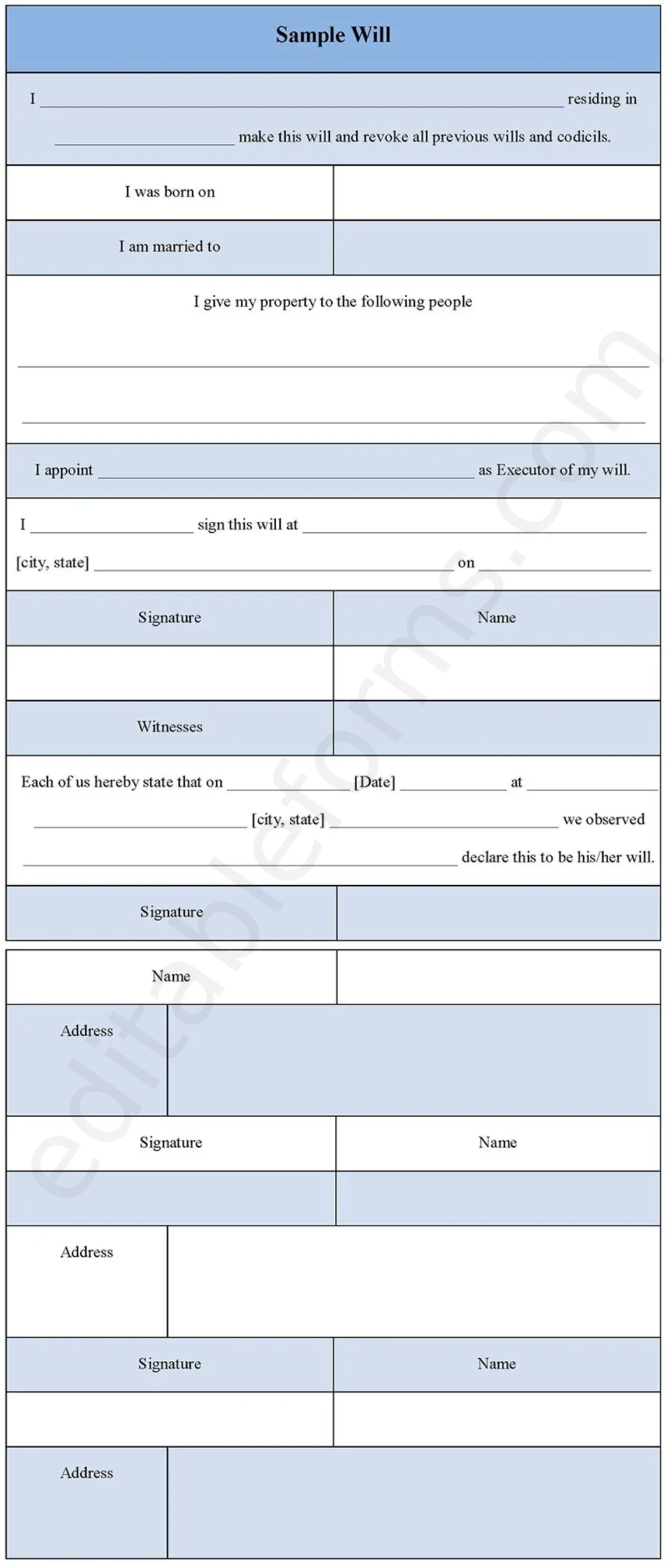 Sample Will Fillable PDF Template