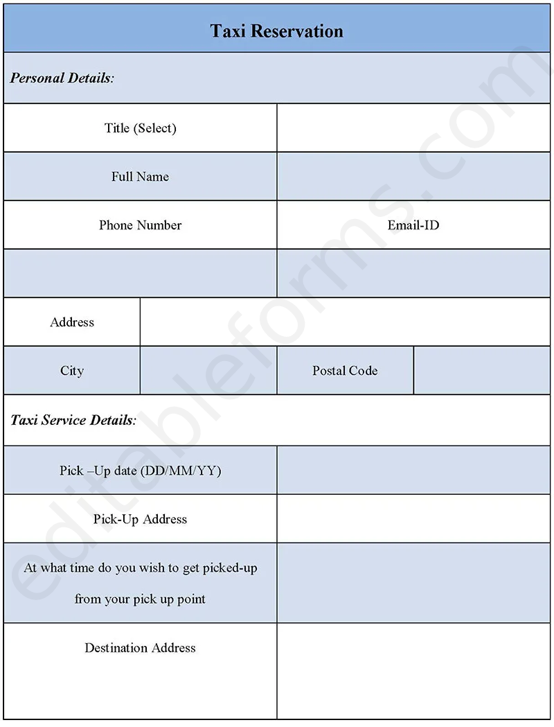 Taxi Reservation Fillable PDF Template