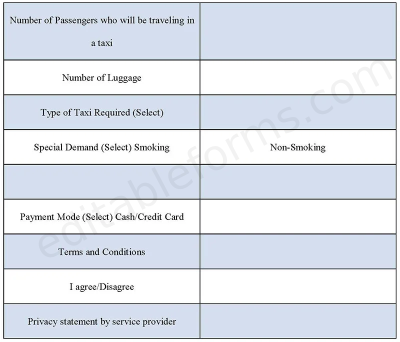 Taxi Reservation Fillable PDF Template