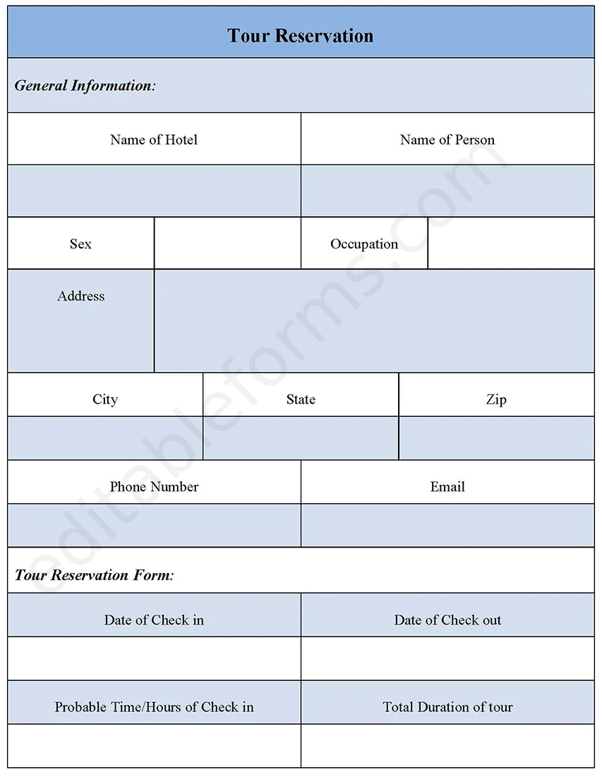 Tour Reservation Fillable PDF Template